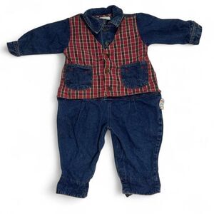 VTG Glynne Percy Friemanit Denim Boys One Piece Outfit 18M Plaid Lumberjack